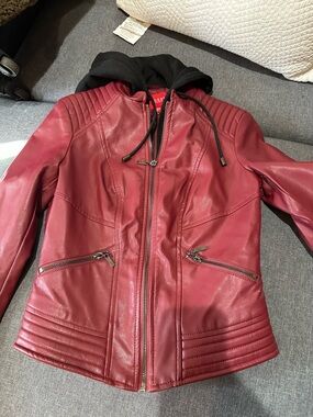 Womens Red Hooded Faux Leather Jacket